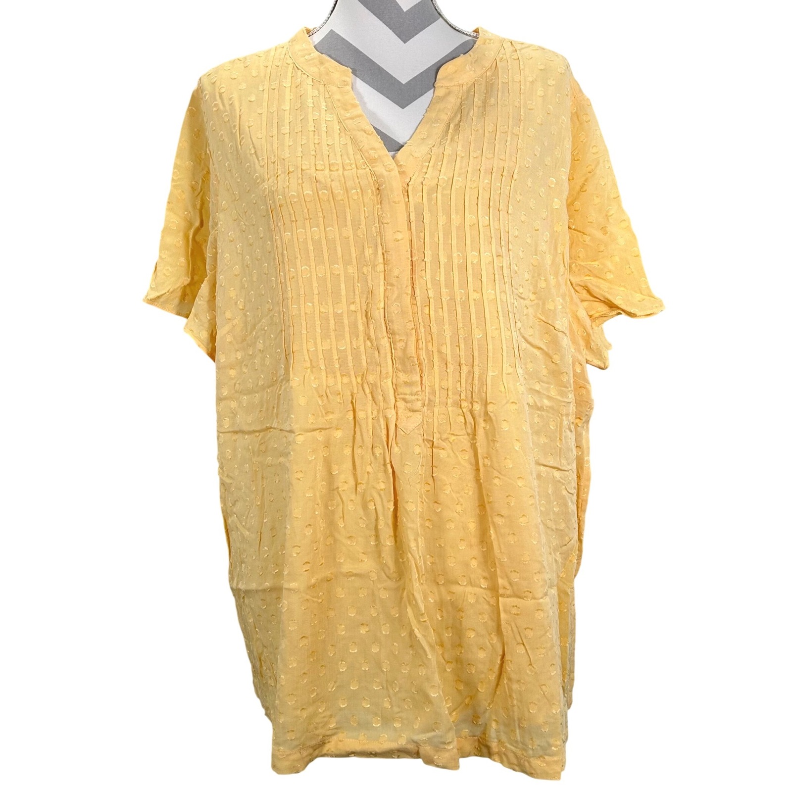Nwt Soft Surroundings Womens 2x Yellow Dot Pintuck Blouse Top Short Sleeve
